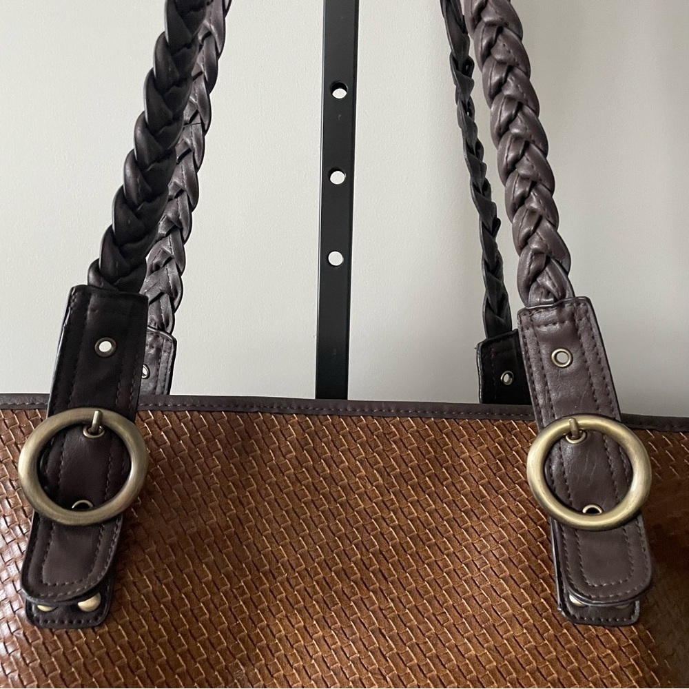 Bueno Large Woven Braided Boho Tote Bag XL Purse Brown Cognac Vegan Faux Leather - Picture 4 of 11